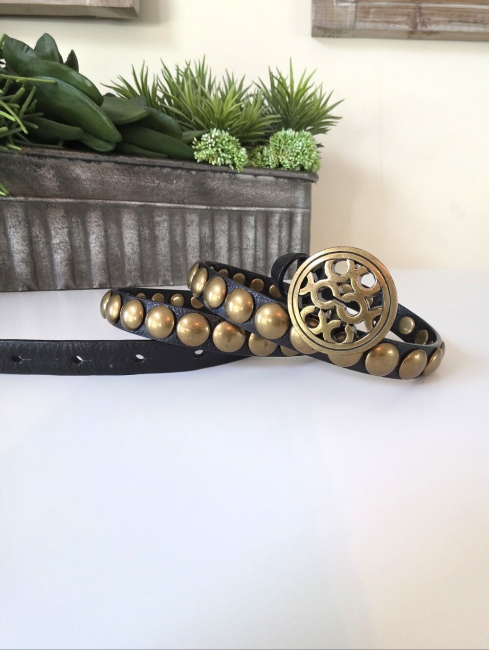 Coach Studded Leather Skinny Belt Black Brass Logo Buckle Medium